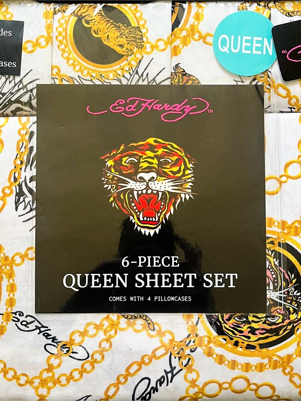 NEW Ed Hardy 6 Piece Sheet Set Extra Pillowcases -Black Gold Tiger, Queen Size